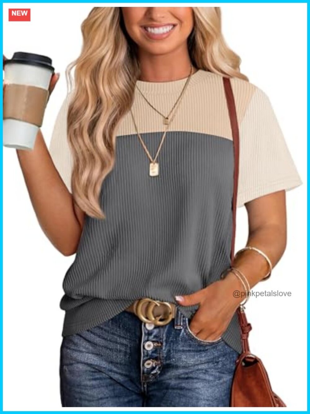 Womens Color Block Knit Short Sleeve T-Shirt Loose Fit Casual Summer Top